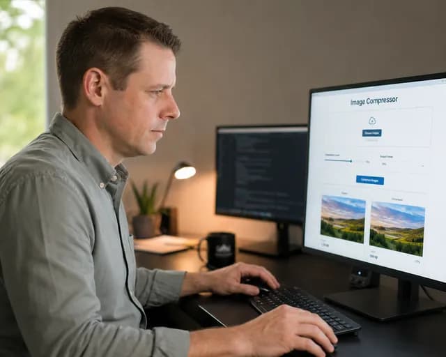 Mike Wiberg at his desk, running the Image Compressor tool