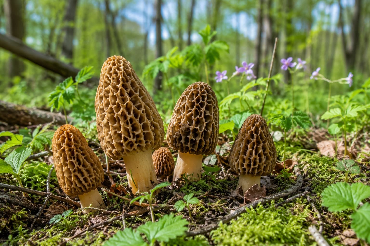 Five brown, honeycomb-textured wild caps growing on a mossy forest floor in spring, with bare trees and violet flowers behind them, the original JPG